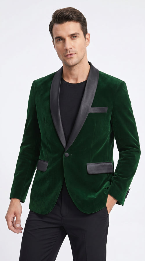 Men’s Emerald Green Velvet Blazer with Black Satin Shawl Lapel, Formal Dinner Jacket