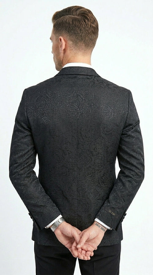 Men’s Black Floral Patterned Tuxedo Jacket, Formal Wedding Prom Dinner Blazer with Shawl Lapel