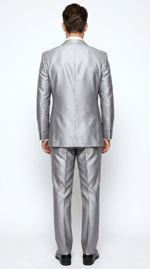 Men’s Silver Shiny Sharkskin 2 Button Suit, Peak Lapel Formal Wedding Prom Dress Suit Set