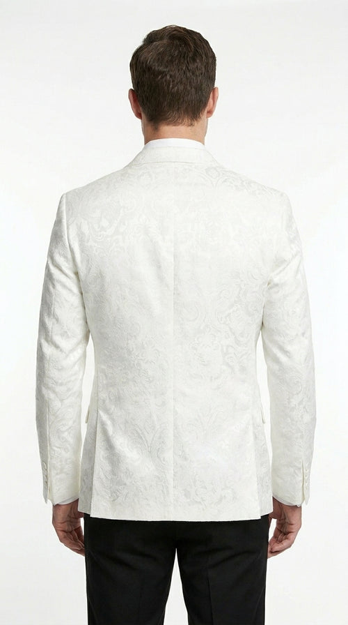 Men’s White Floral Satin Dinner Jacket – Shiny Paisley Tuxedo Blazer for Wedding, Prom, Stage & Party Wear