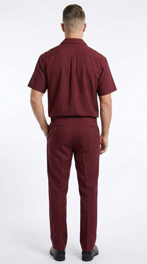 Men’s Burgundy 100% Linen Walking Suit, Short Sleeve Shirt and Matching Pants Casual 2 Piece Set