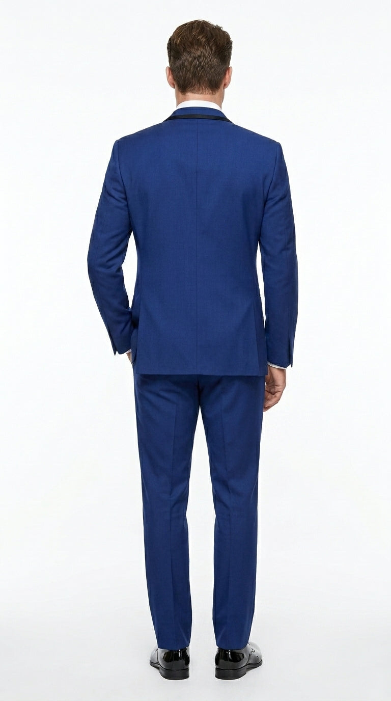 Men’s Cobalt Blue Wedding Tuxedo Set with Black Satin Shawl Lapel and Matching Vest
