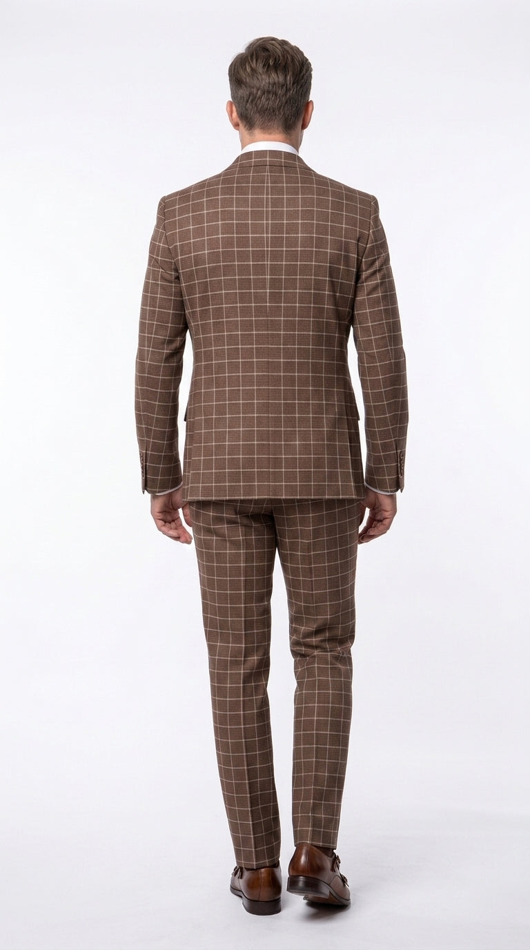 Rossi Man Arthur RM2317 Men’s Brown Windowpane Double Breasted Suit, Formal Dress Suit