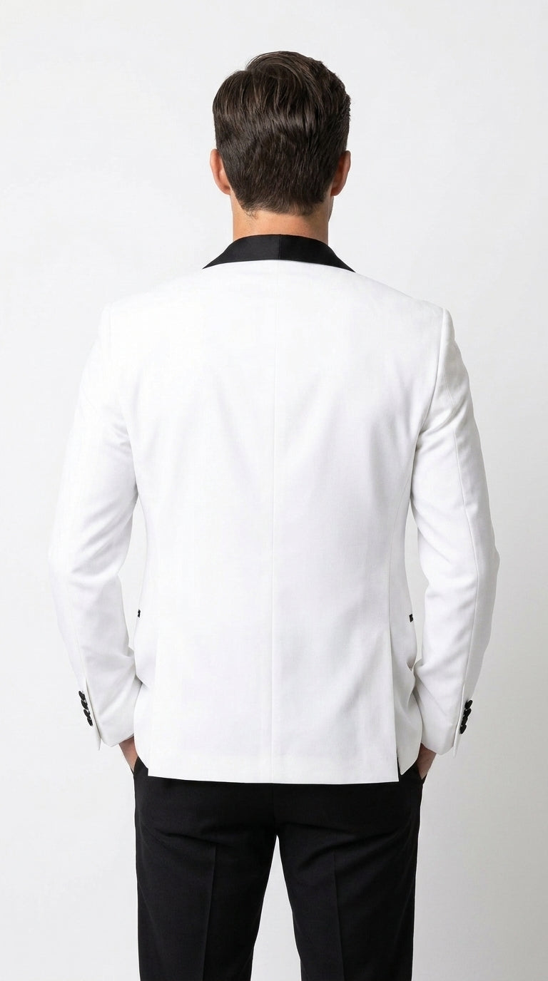 Men’s White Tuxedo Dinner Jacket with Black Shawl Lapel, Formal Wedding Prom Blazer