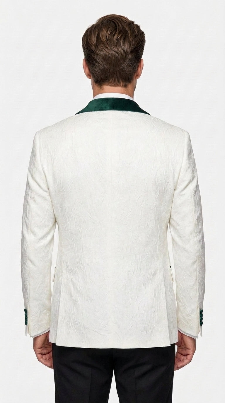 Men’s White and Hunter Green Tuxedo Dinner Jacket, Wide Velvet Shawl Lapel Groom Prom Blazer