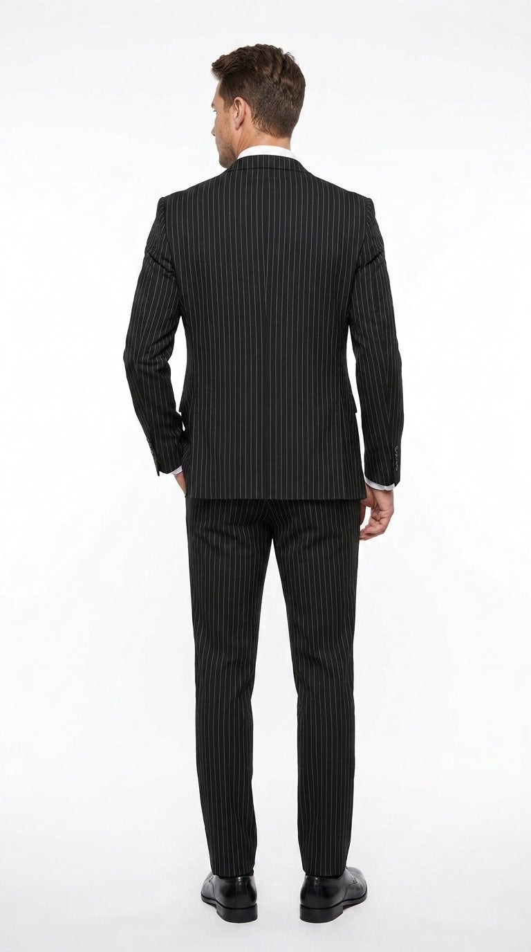 Statement Men’s Black Pinstripe 3 Piece Wool Suit, Fashion Formal Wedding Business Dress Suit