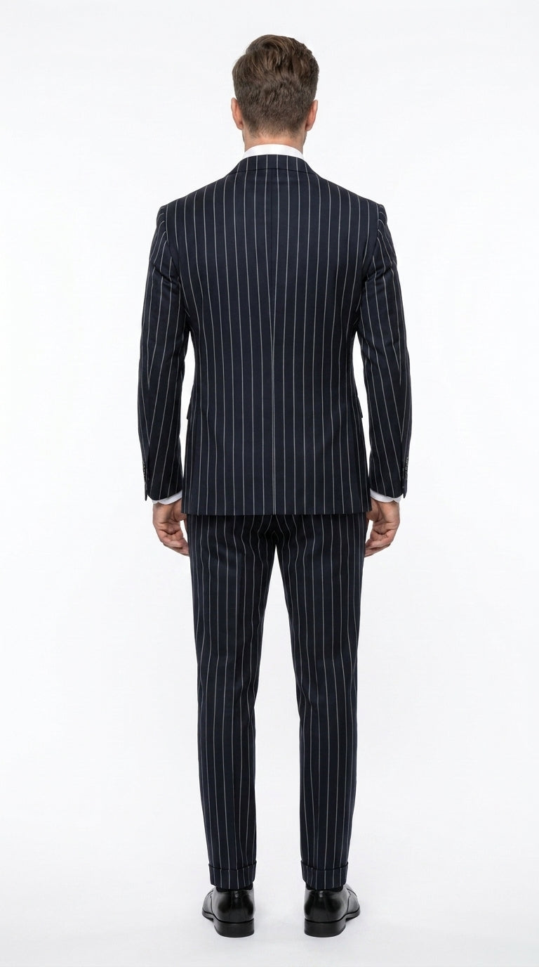 Statement Men's 2 Piece 100% Wool Modern Fit Pinstripe Suit - Double Breasted Jacket
