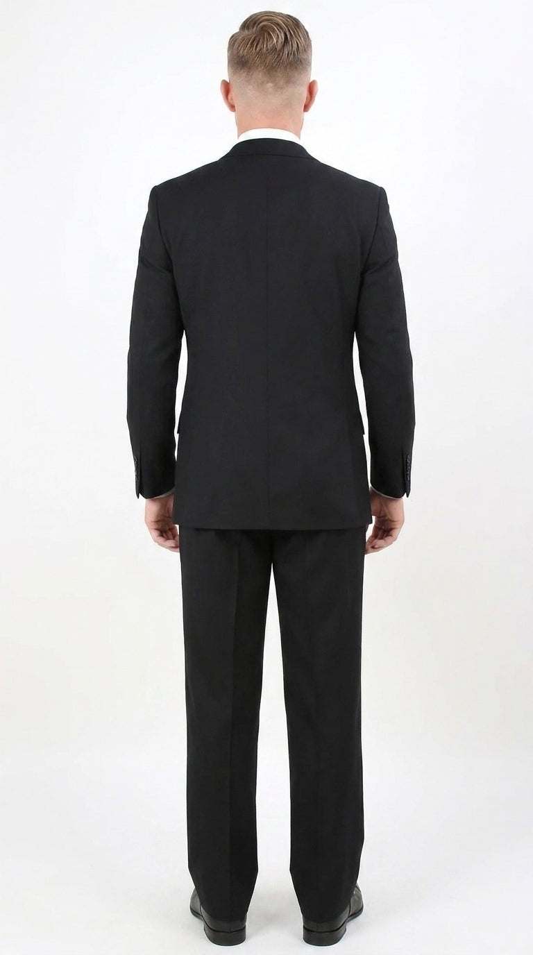 Men’s Black 100% Wool Super 150s Suit, Classic Fit Athletic Cut with Double Breasted Vest and Pleated Pants