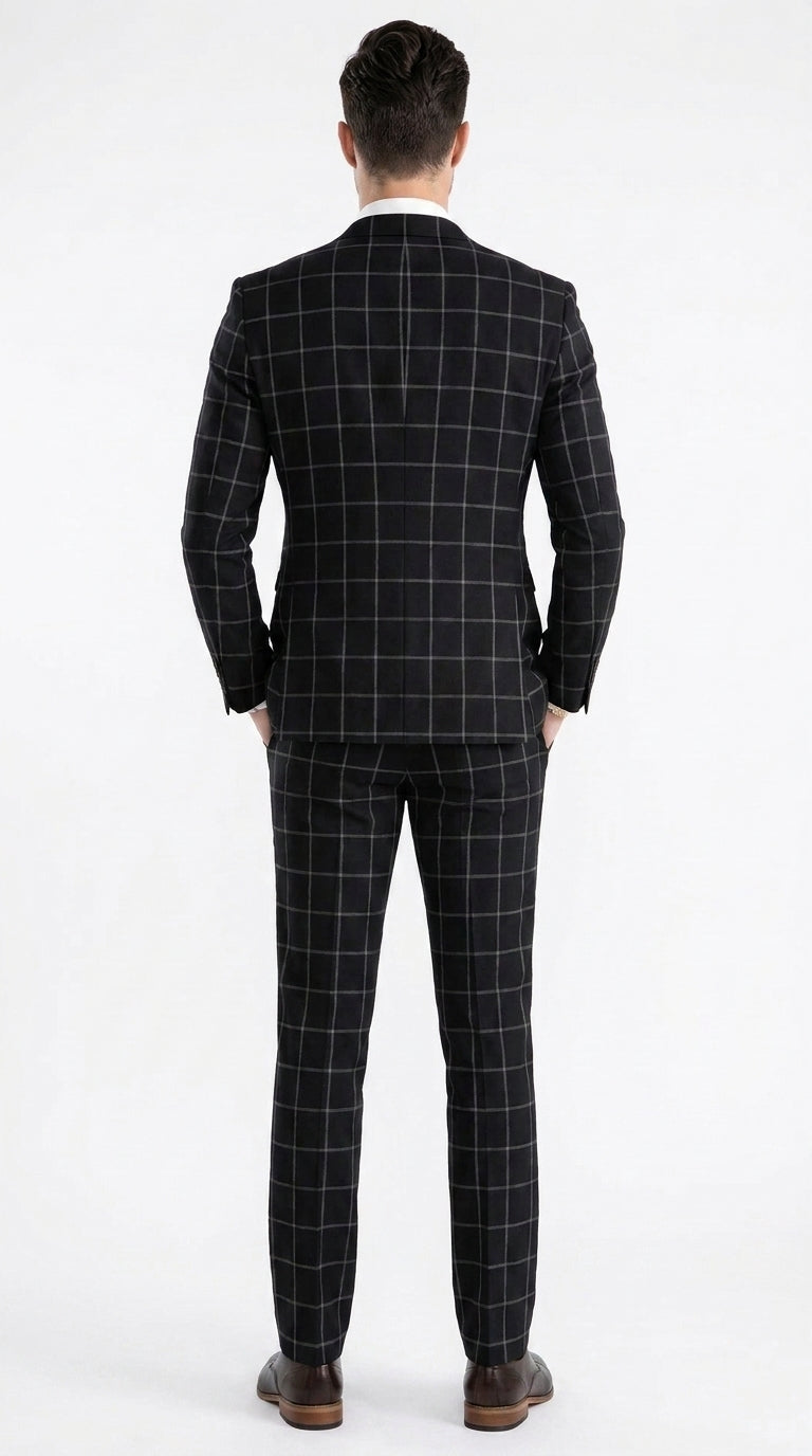Men’s Black Windowpane Plaid Suit, 1920s Inspired Formal Wedding Prom Dress Suit