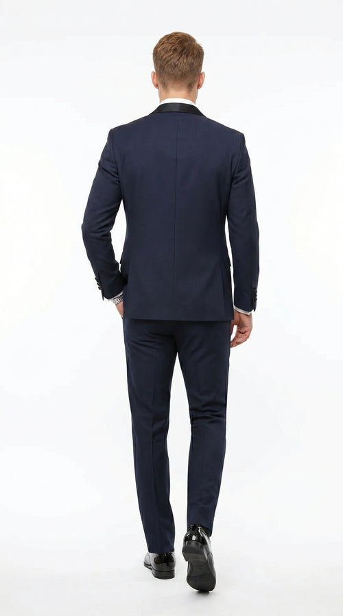 Men’s Navy 100% Wool Vested Tuxedo, Shawl Lapel Wedding Prom Formal Suit Set