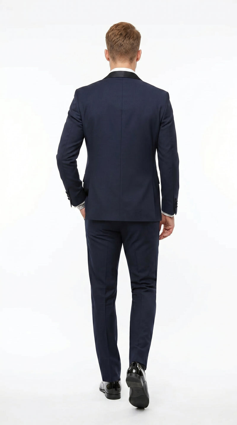Men’s Navy 100% Wool Vested Tuxedo, Shawl Lapel Wedding Prom Formal Suit Set