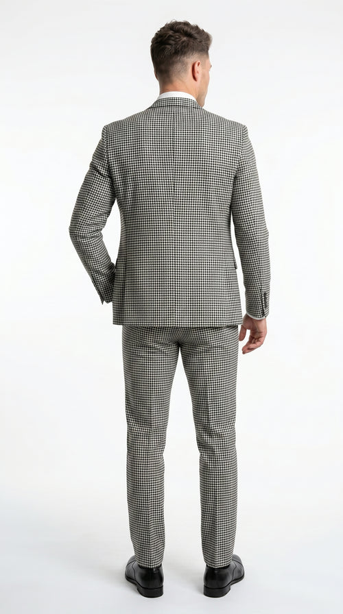 Men’s Black and White Houndstooth Checkered 3 Piece Suit, Gray Checkered Formal Wedding Business Suit Set