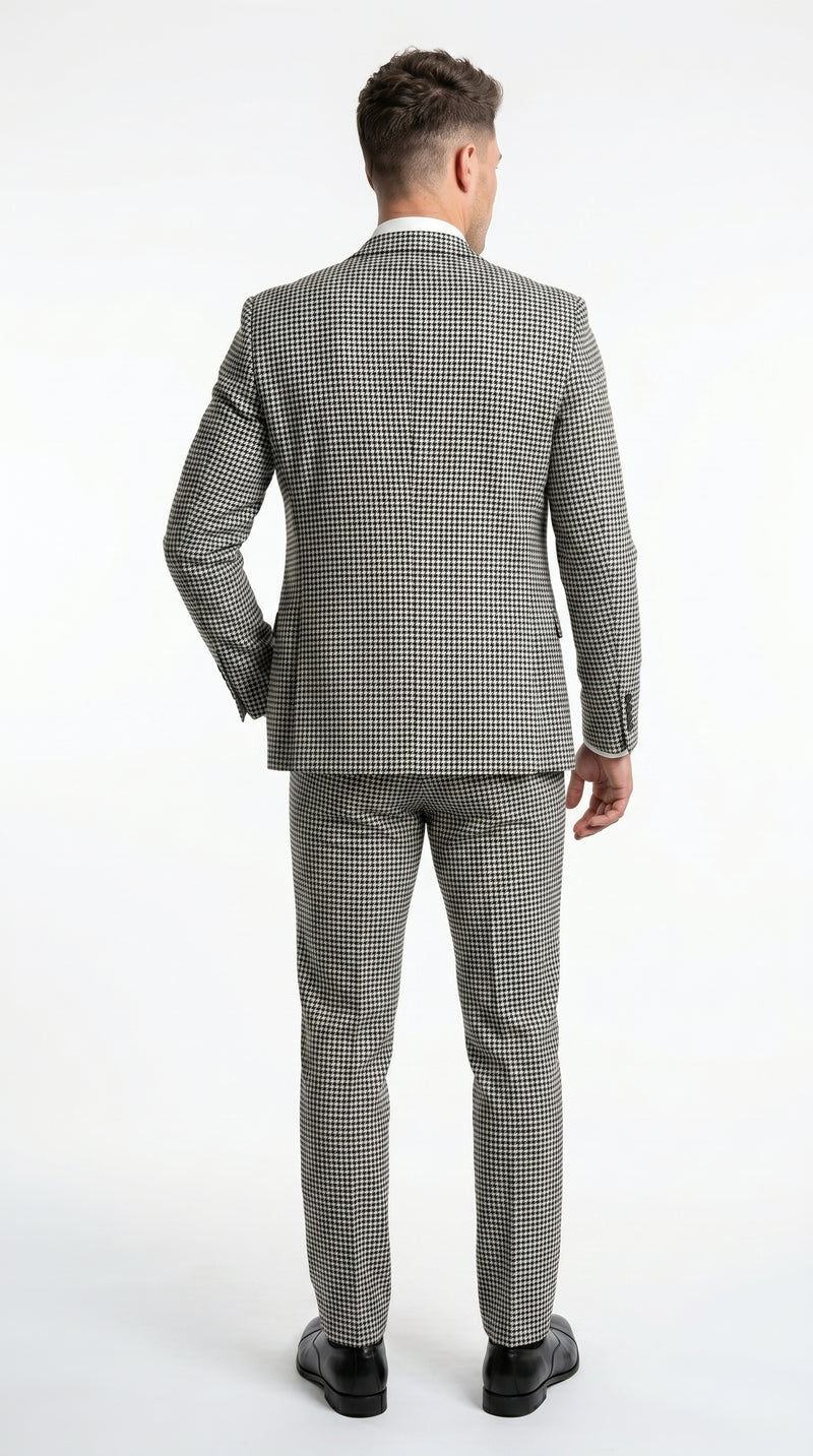 Men’s Black and White Houndstooth Checkered 3 Piece Suit, Gray Checkered Formal Wedding Business Suit Set