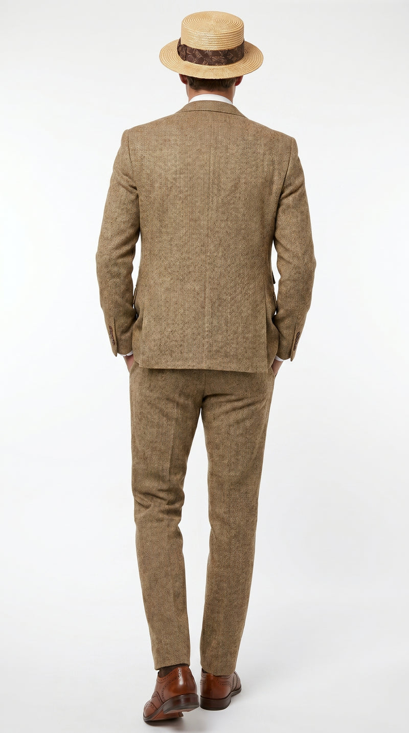 Men’s Camel Pocket Suit with Brown Vest, Vintage Inspired Formal Dress Outfit