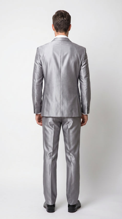 Men’s Silver Sharkskin 2 Piece Suit, Italian Styled Formal Wedding Prom Dress Suit