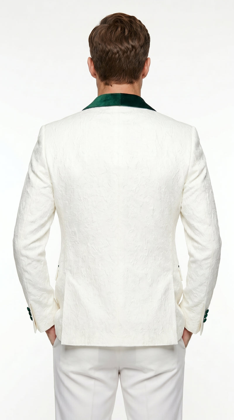 Men’s Ivory and Green Tuxedo Jacket with Velvet Shawl Lapel, Formal Wedding Dinner Blazer