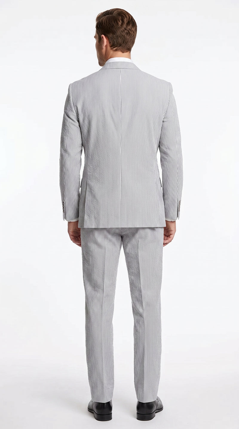 Men’s Black Pinstripe 2 Piece Seersucker Suit, Summer Modern Fit Dress Suit