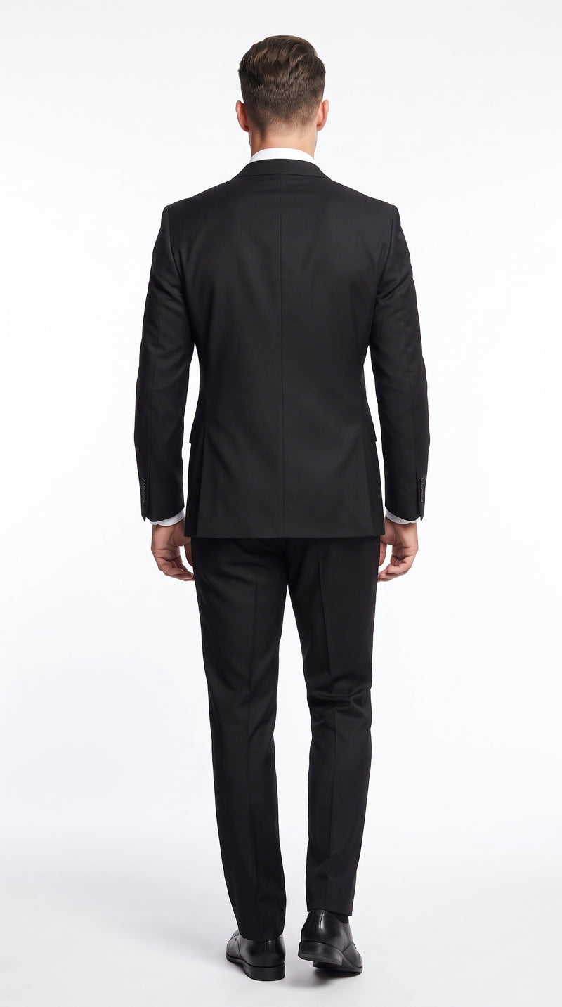 Men’s Black Wool Double Breasted Suit – Modern Fit 6 Button Formal Wedding & Business Suit with Black or Gold Buttons