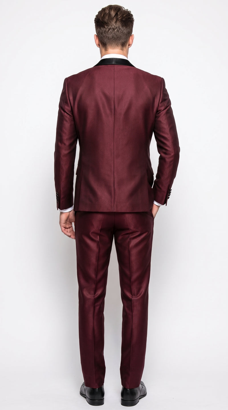 Men's Burgundy Sharkskin 3-Piece Tuxedo Suit – One Button Black Satin Shawl Lapel Vested Wedding & Prom Tuxedo