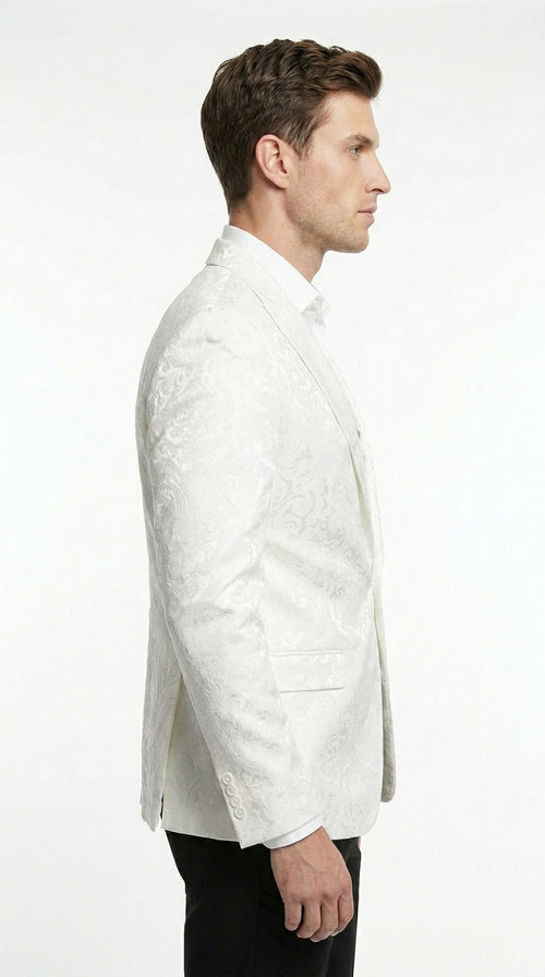 Men’s White Floral Satin Dinner Jacket – Shiny Paisley Tuxedo Blazer for Wedding, Prom, Stage & Party Wear