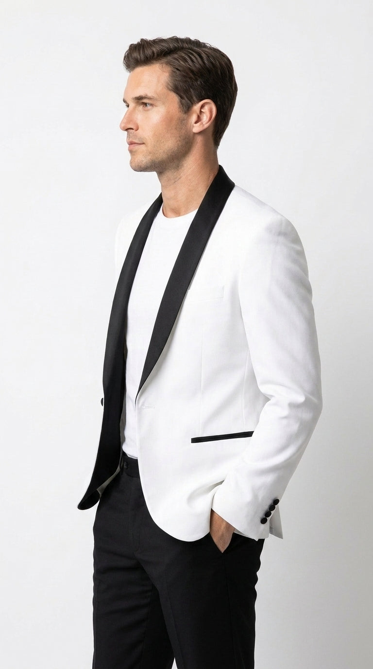 Men’s White Tuxedo Dinner Jacket with Black Shawl Lapel, Formal Wedding Prom Blazer