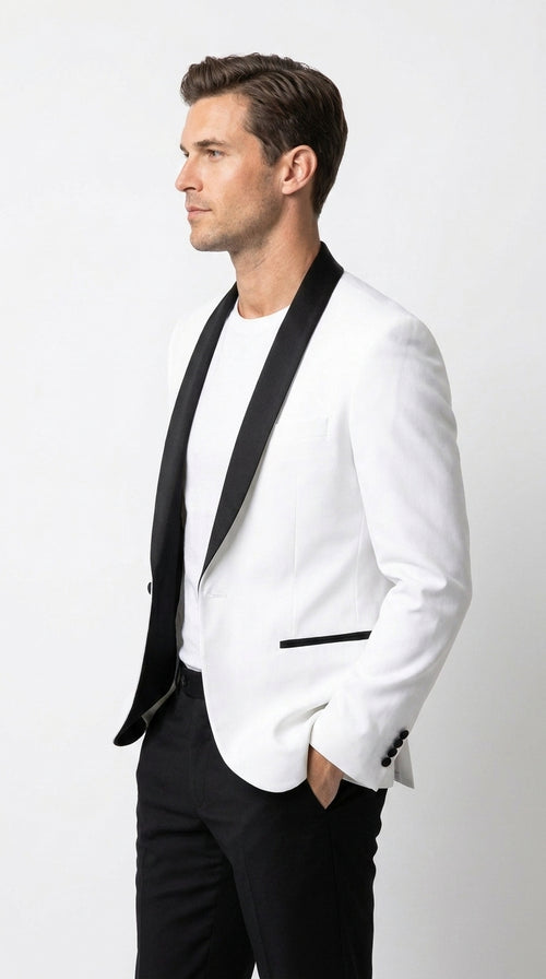 Men’s White Tuxedo Dinner Jacket with Black Shawl Lapel, Formal Wedding Prom Blazer