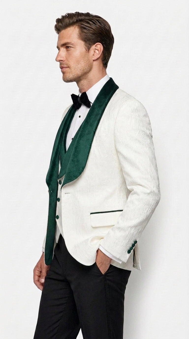 Men’s White and Hunter Green Tuxedo Dinner Jacket, Wide Velvet Shawl Lapel Groom Prom Blazer