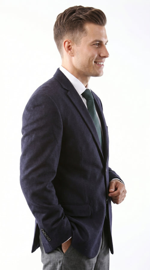 Men’s Navy 2 Button Blazer, Superior 150s Wool Feel Microfiber Formal Business Jacket