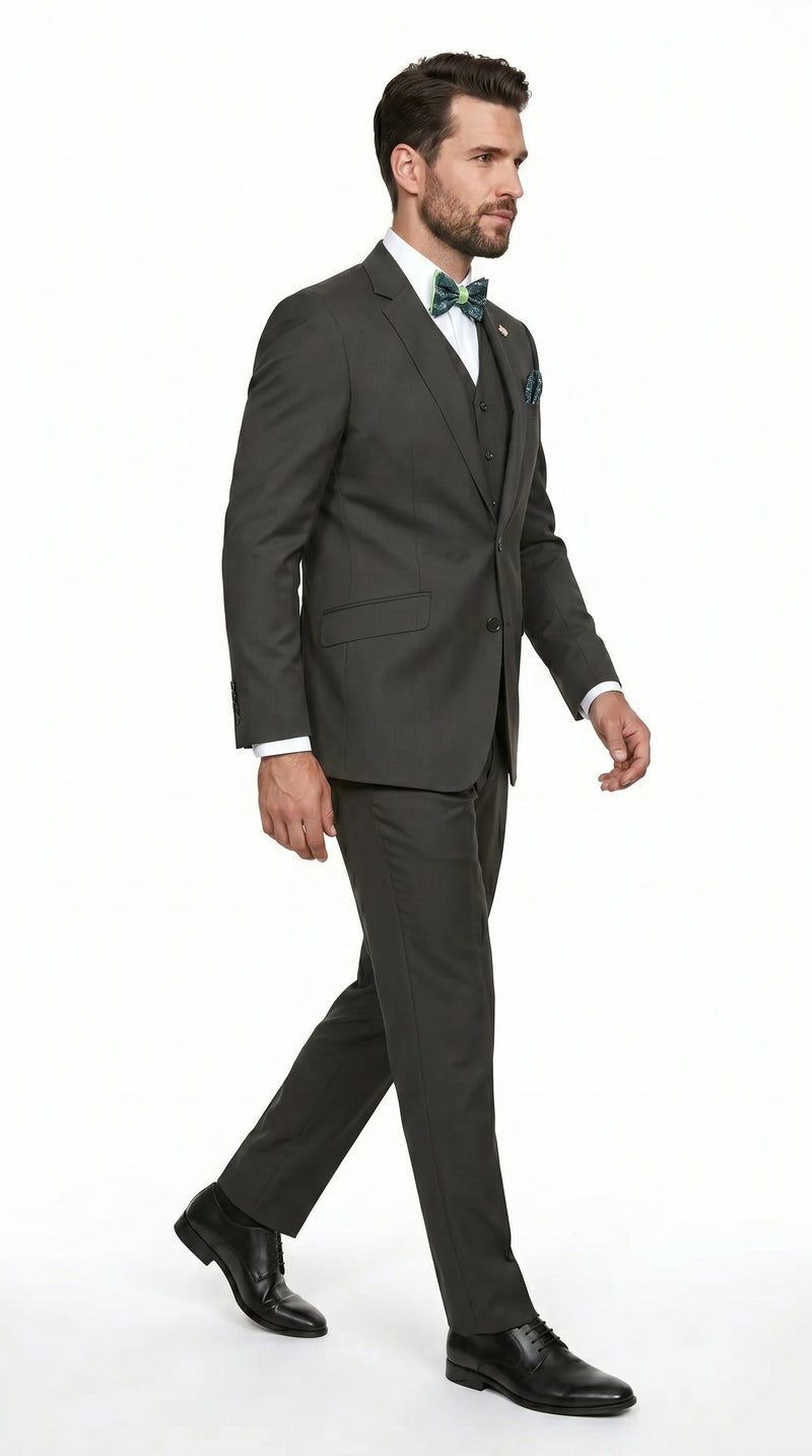 Statement Men’s Solid Olive 100% Wool Vested Suit, Formal Wedding Business 3 Piece Suit Set
