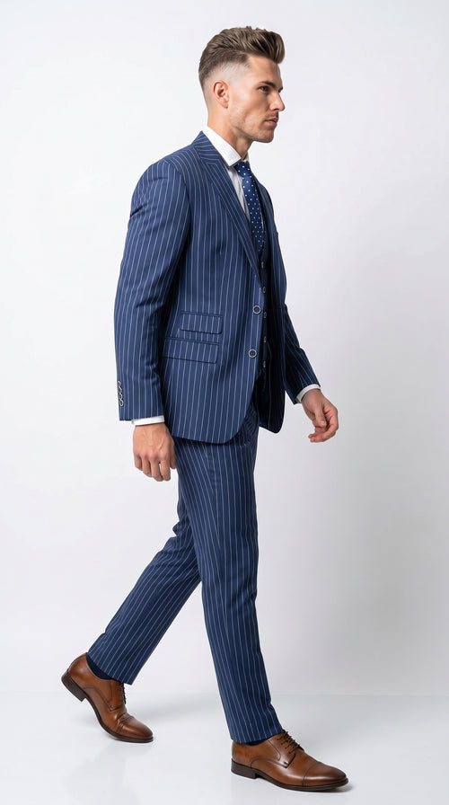 Men’s Navy Blue Vested Bold Gangster Pinstripe Suit, 3 Piece Formal 1920s Dress Suit