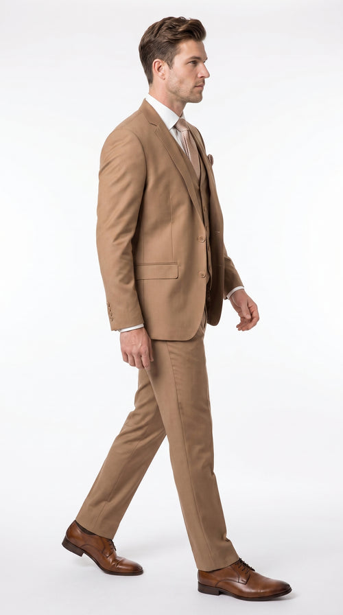 Men’s Caramel 2 Button Modern Fit Vested Wool Suit, Formal Wedding Business Dress Suit