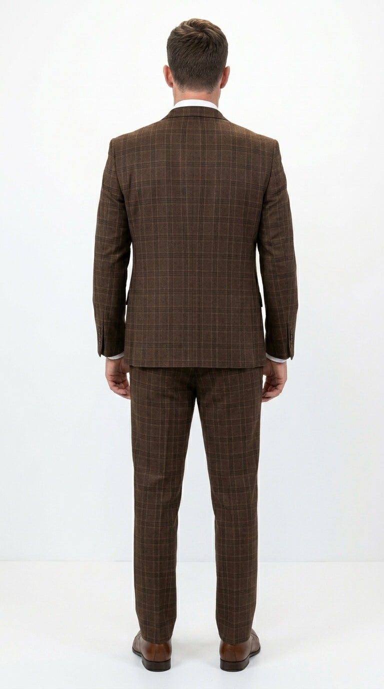 Men’s Brown Windowpane Plaid 3 Piece Suit, Classic Formal Wedding Business Dress Suit Set