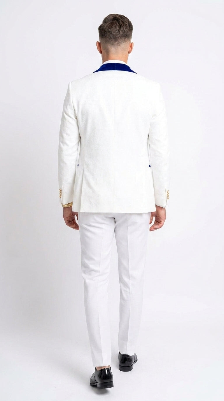 Men’s White and Royal Blue 3-Piece Tuxedo – Groom Wedding and Prom Suit with Velvet Shawl Lapel