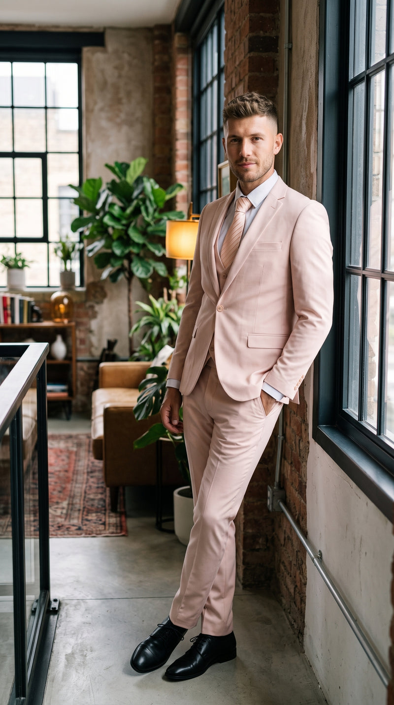 Men’s Blush Pink 1 Button Peak Lapel Suit, Wedding and Prom Formal Suit