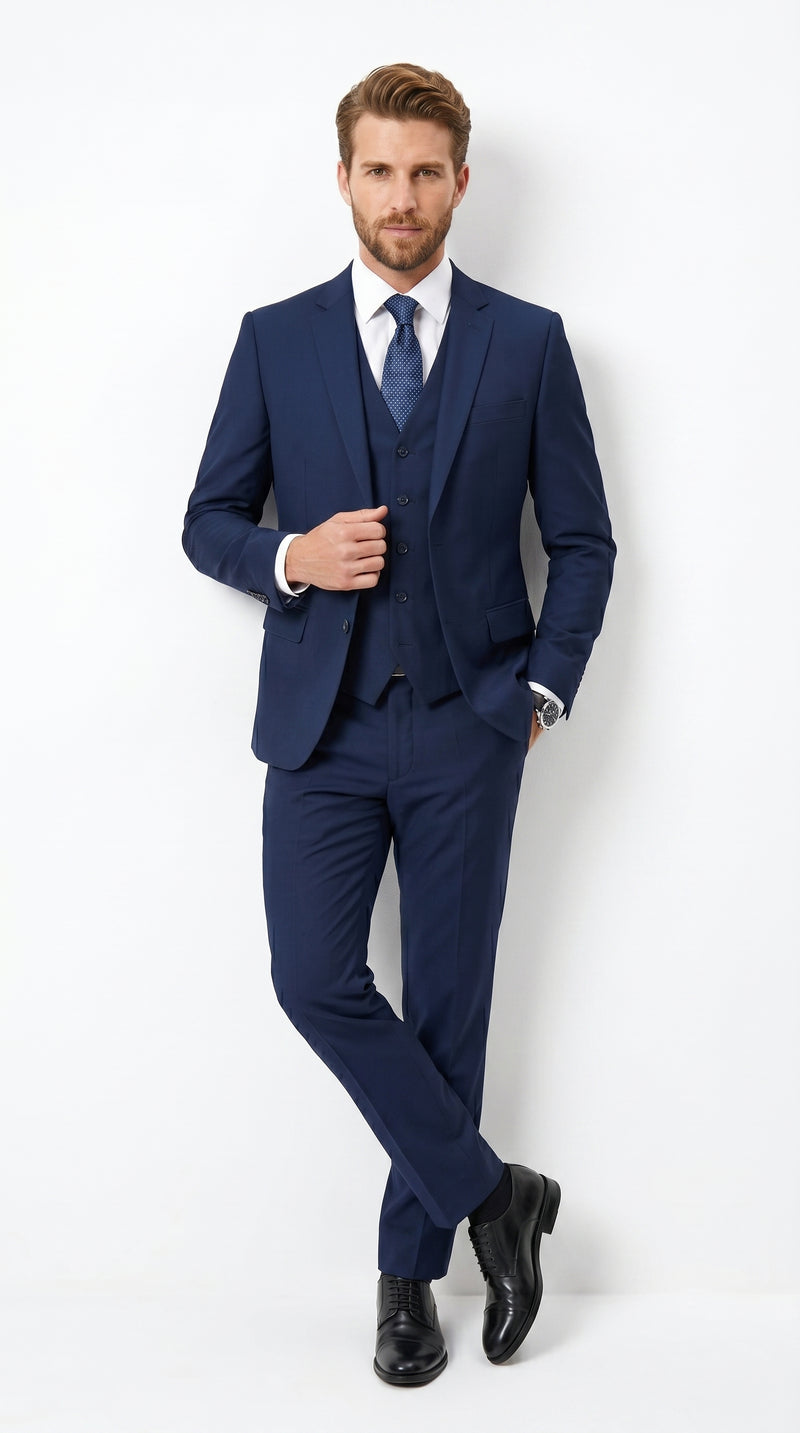 Men’s Navy 100% Wool Vested Tuxedo, Shawl Lapel Wedding Prom Formal Suit Set