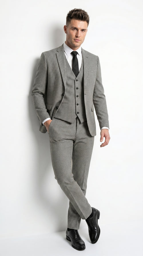 Men’s Black and White Houndstooth Checkered 3 Piece Suit, Gray Checkered Formal Wedding Business Suit Set