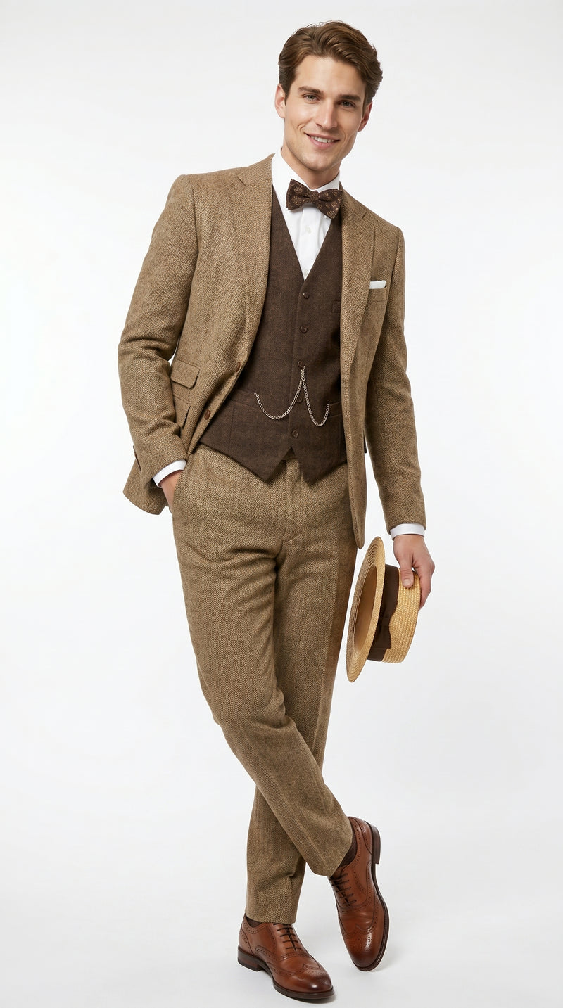 Men’s Camel Pocket Suit with Brown Vest, Vintage Inspired Formal Dress Outfit