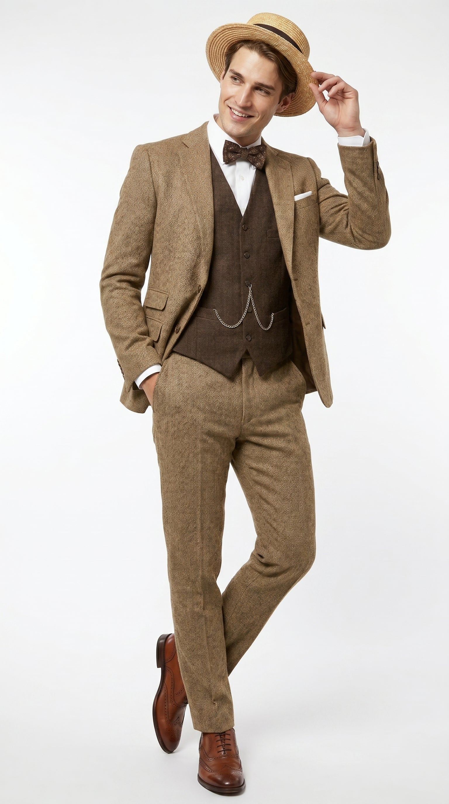 Men’s Camel Pocket Suit with Brown Vest, Vintage Inspired Formal Dress Outfit