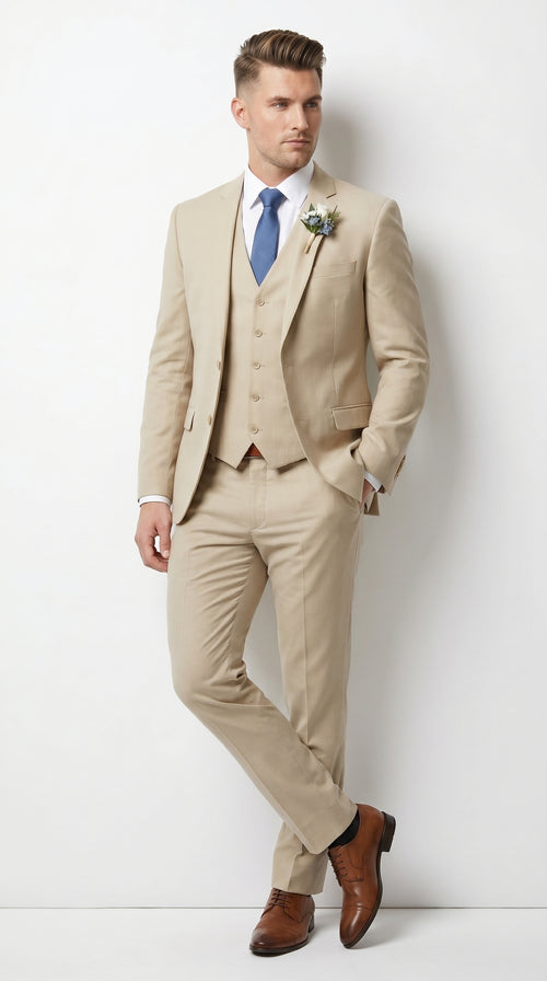Men’s Tan Slim Fit 3 Piece Beach Wedding Suit with Vest, Summer Formal Dress Suit