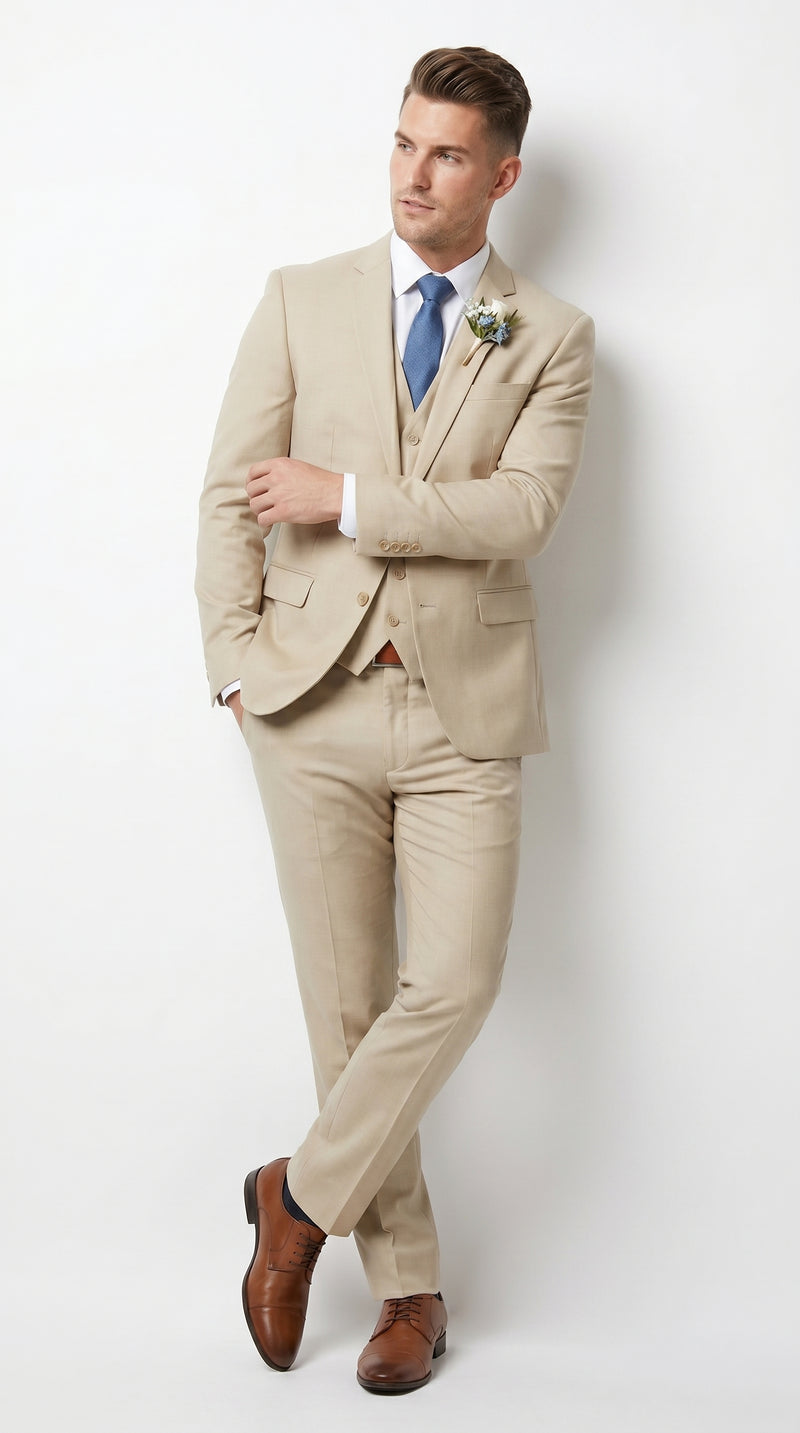 Men’s Tan Slim Fit 3 Piece Beach Wedding Suit with Vest, Summer Formal Dress Suit