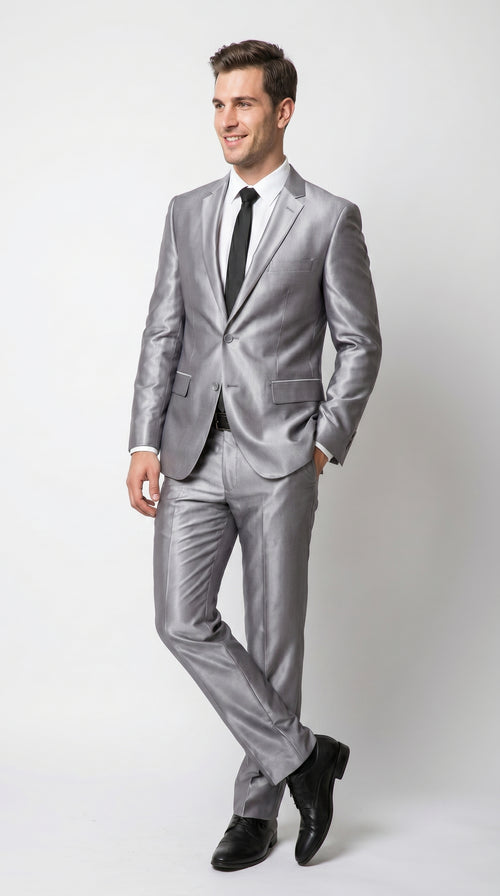 Men’s Silver Sharkskin 2 Piece Suit, Italian Styled Formal Wedding Prom Dress Suit