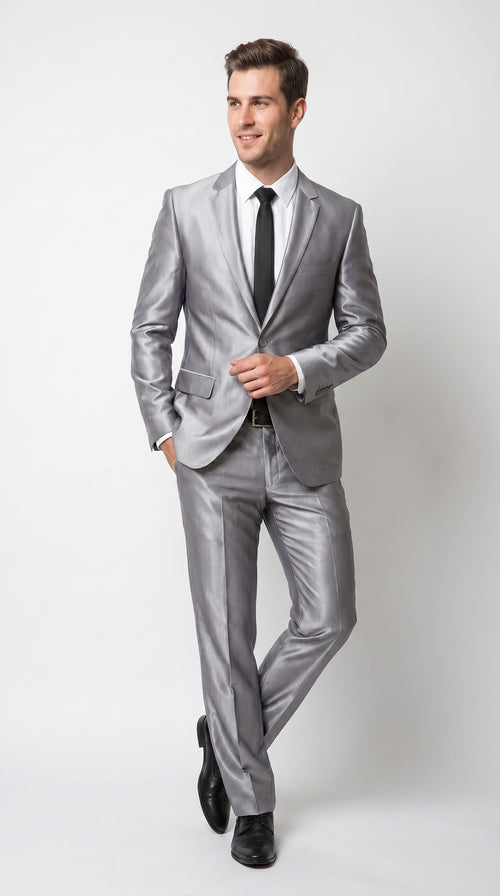 Men’s Silver Sharkskin 2 Piece Suit, Italian Styled Formal Wedding Prom Dress Suit