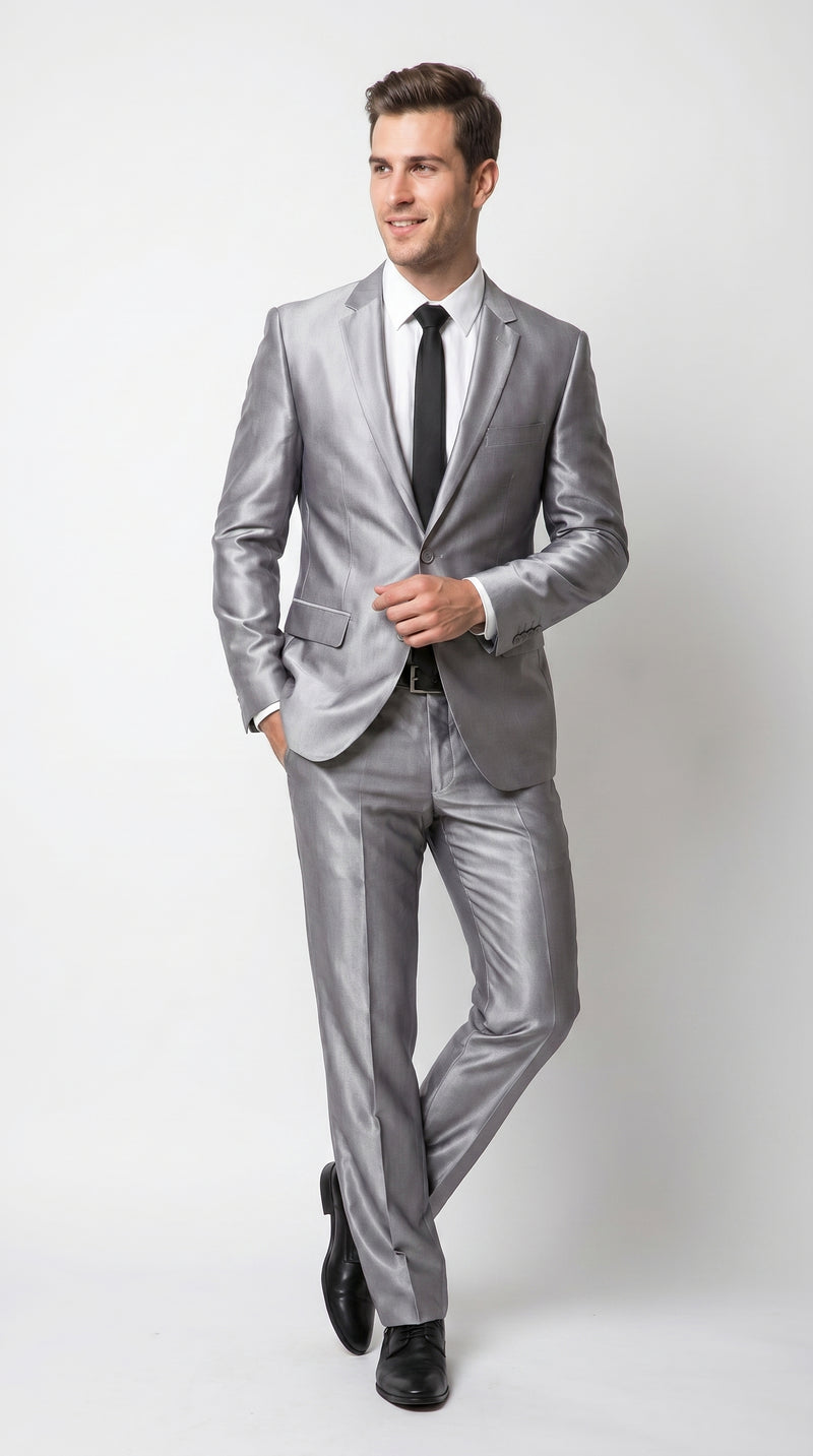 Men’s Silver Sharkskin 2 Piece Suit, Italian Styled Formal Wedding Prom Dress Suit