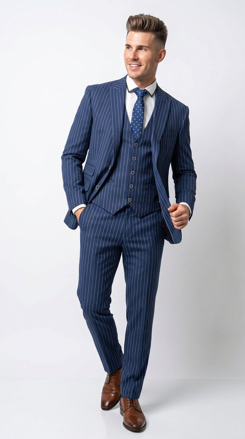 Men’s Navy Blue Vested Bold Gangster Pinstripe Suit, 3 Piece Formal 1920s Dress Suit