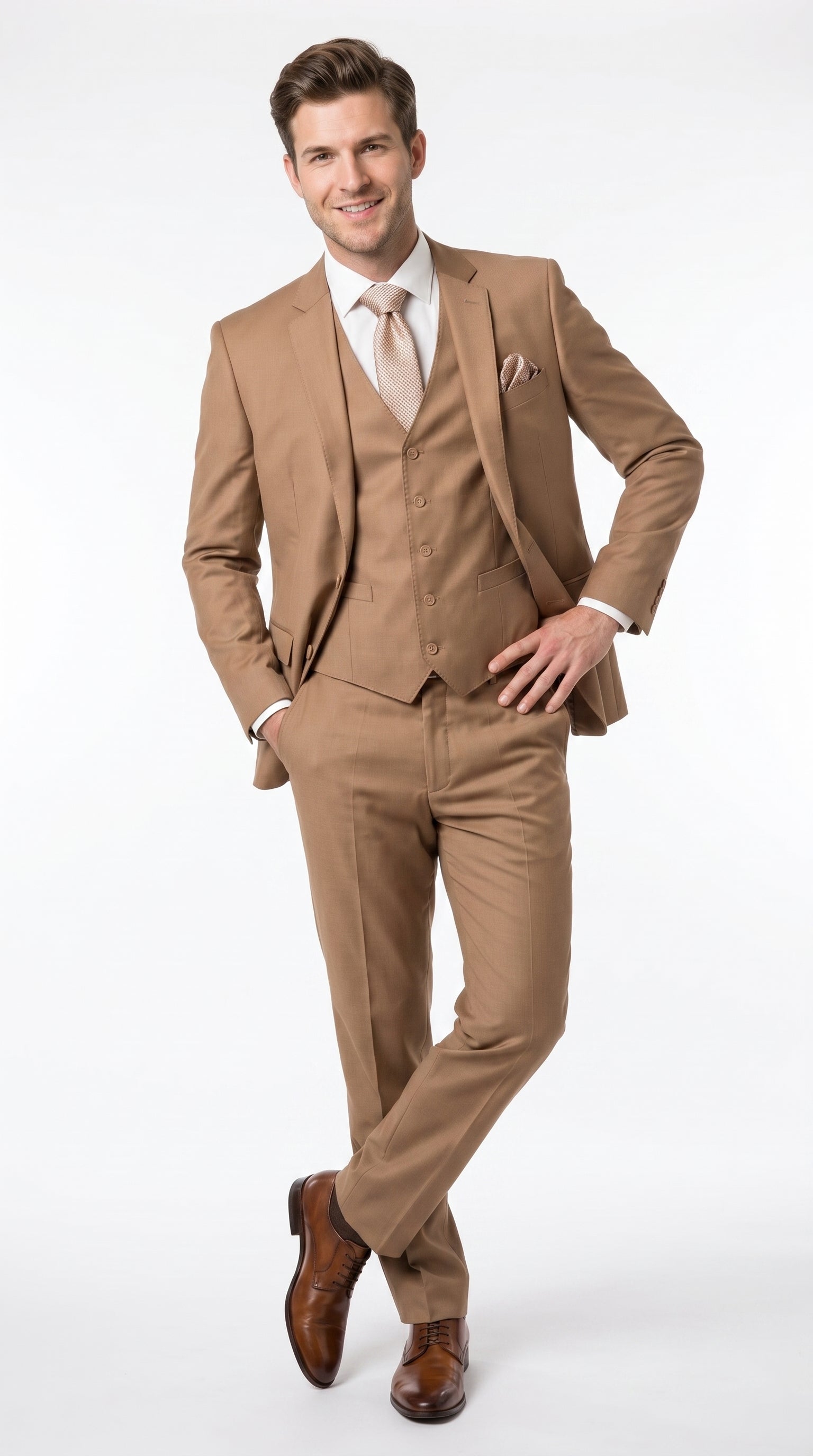 Men’s Caramel 2 Button Modern Fit Vested Wool Suit, Formal Wedding Business Dress Suit