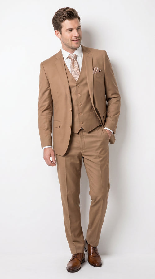 Men’s Caramel 2 Button Modern Fit Vested Wool Suit, Formal Wedding Business Dress Suit