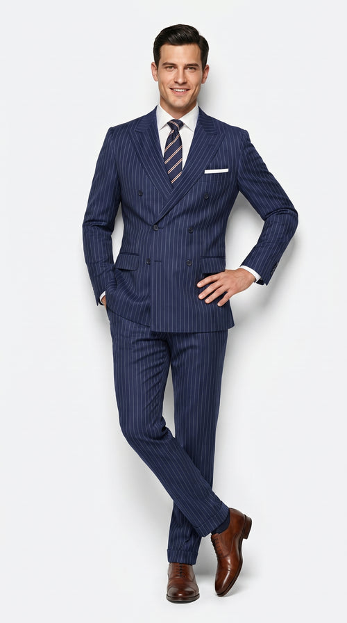 Men’s Navy Blue Double Breasted Pinstripe Suit, 100% Wool Formal Dress Suit