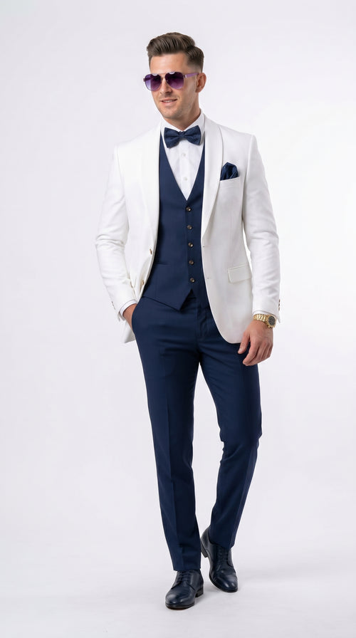 Men’s White and Navy Blue Wedding Suit, White Dinner Jacket with Navy Vest, Pants and Bow Tie