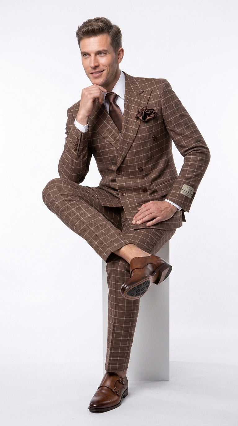 Rossi Man Arthur RM2317 Men’s Brown Windowpane Double Breasted Suit, Formal Dress Suit
