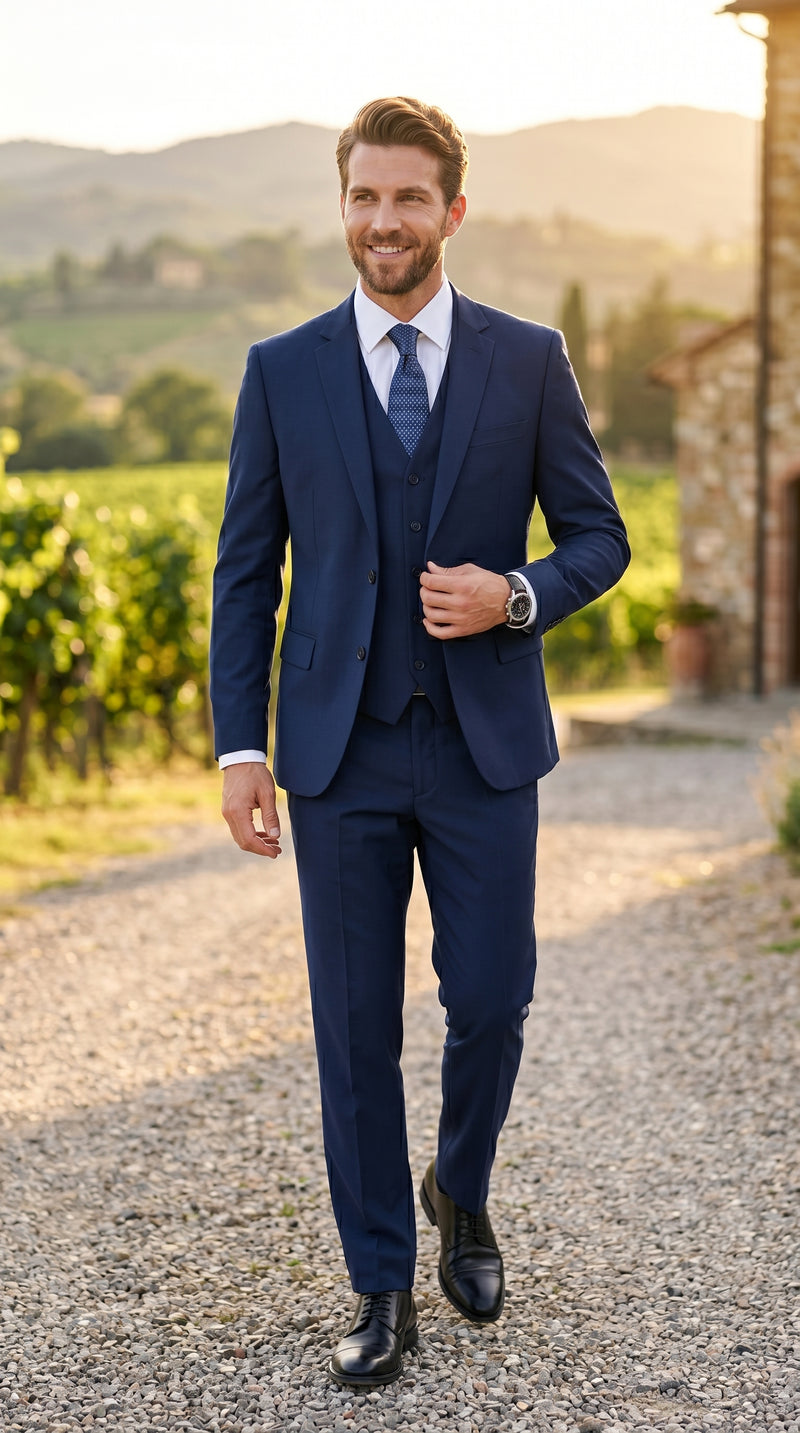 Men’s Navy 100% Wool Vested Tuxedo, Shawl Lapel Wedding Prom Formal Suit Set